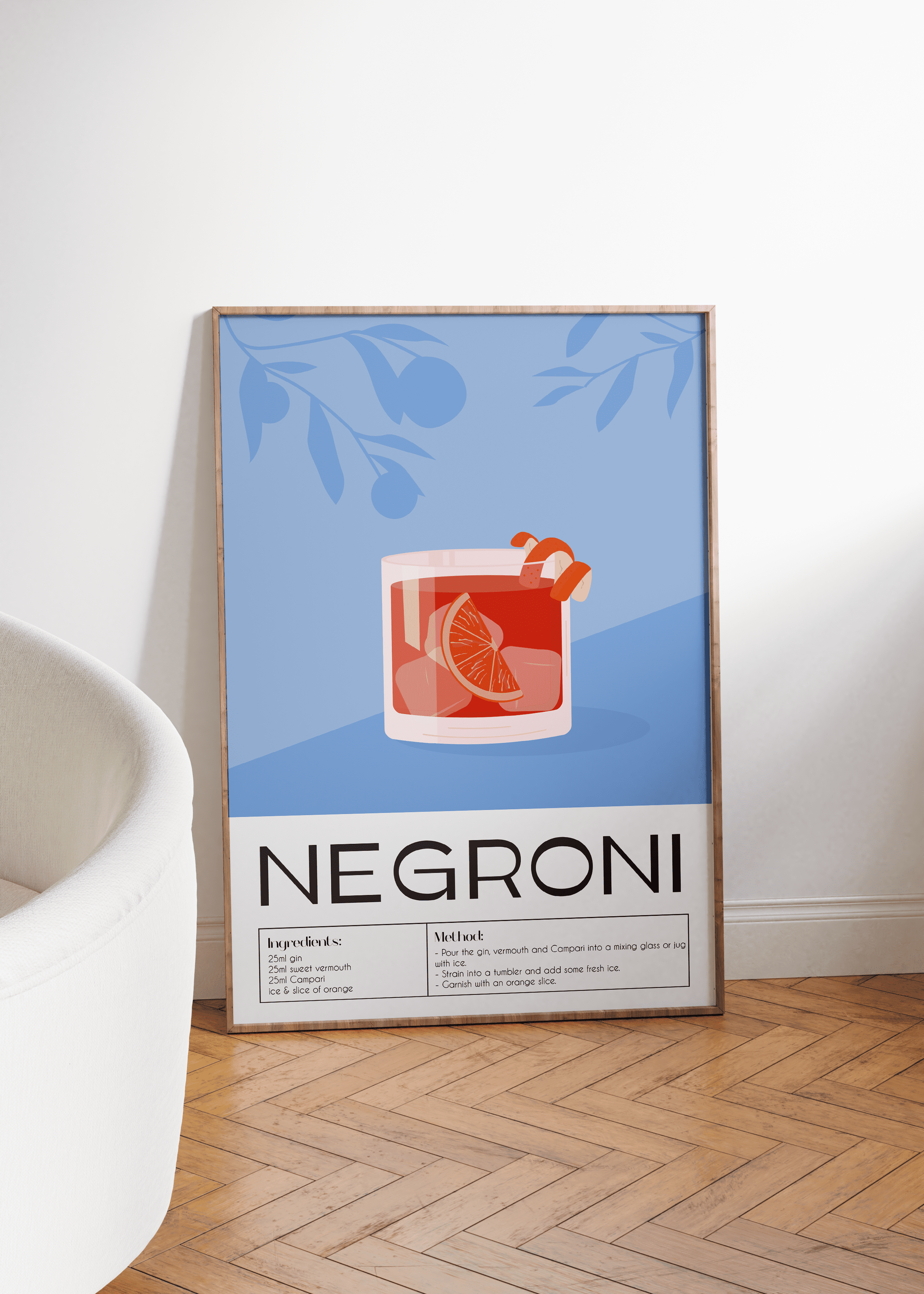 Cocktail illustration set featuring Gin & Tonic, Negroni, and Margarita in stylish designs.