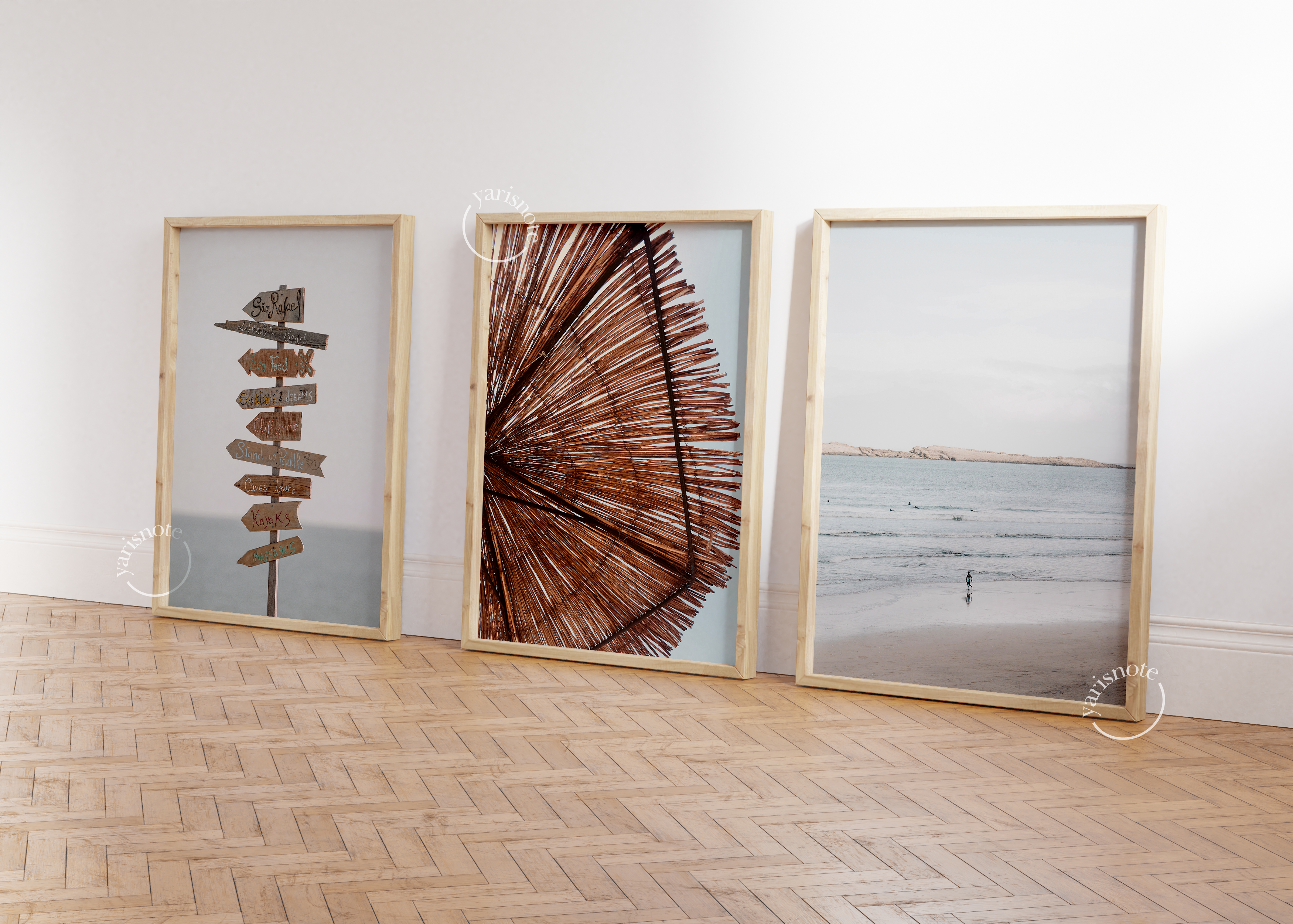Tranquil beach-themed art set featuring coastal prints for serene interior styling.