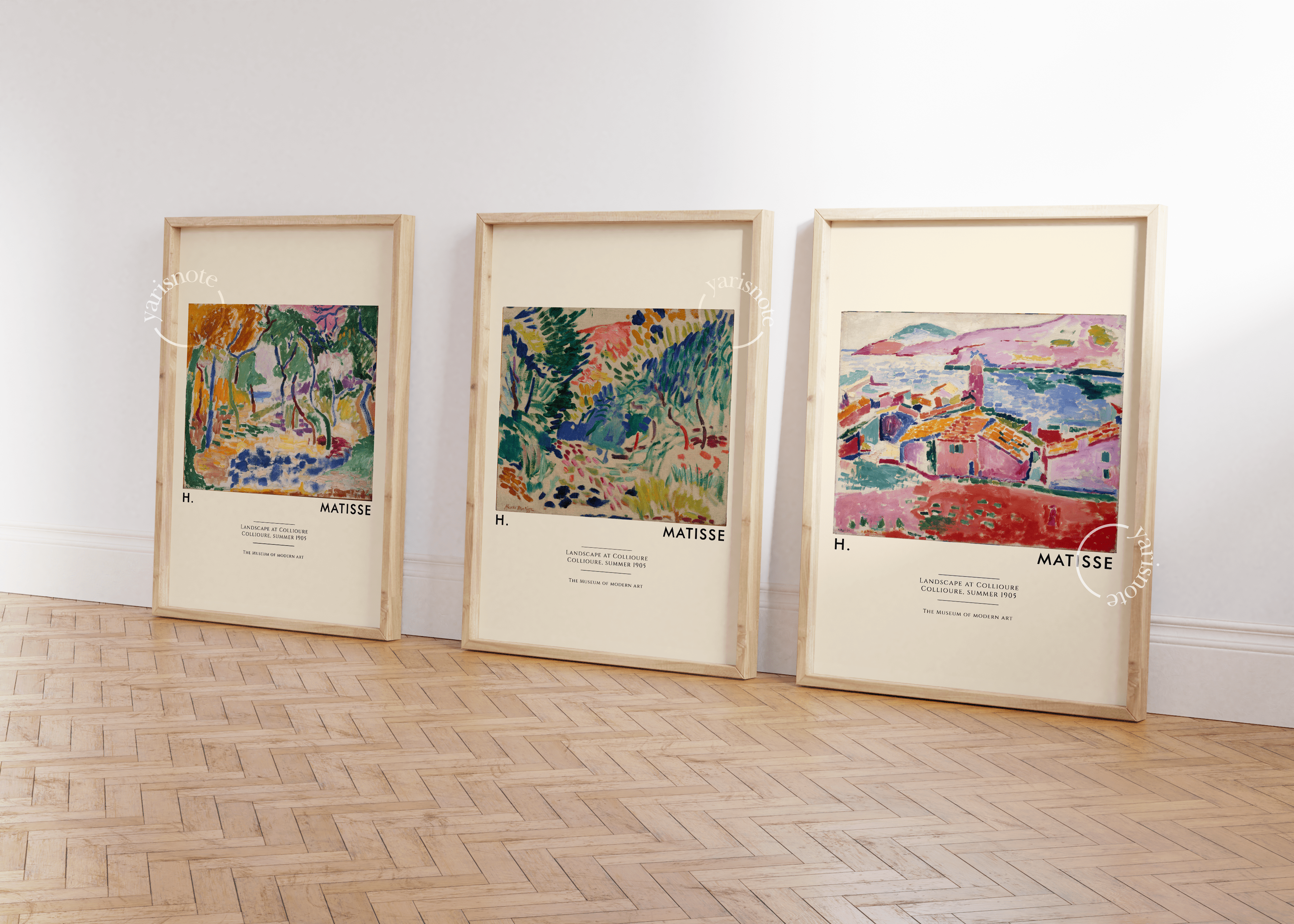 Trio of vibrant wall prints showcasing abstract art in a modern interior setting.