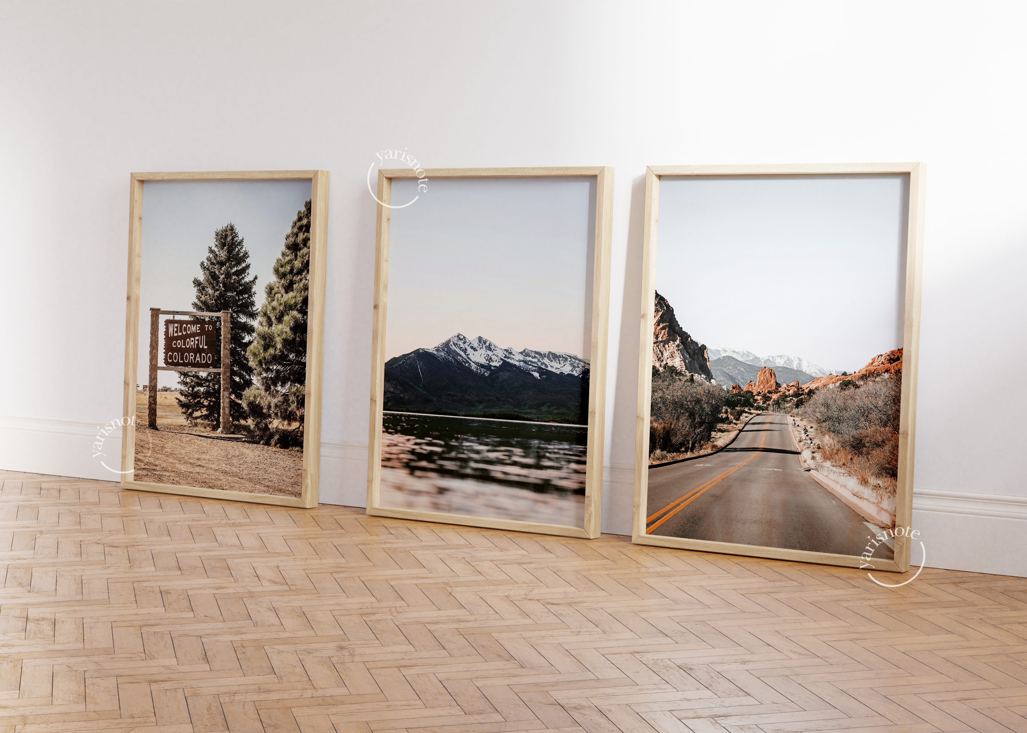 Tranquil Colorado Landscape Triptych showcasing serene mountains and a scenic road