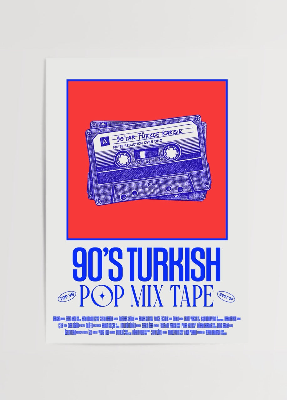 90s Turkish Pop Mix Tape Poster Print featuring a vibrant cassette design.