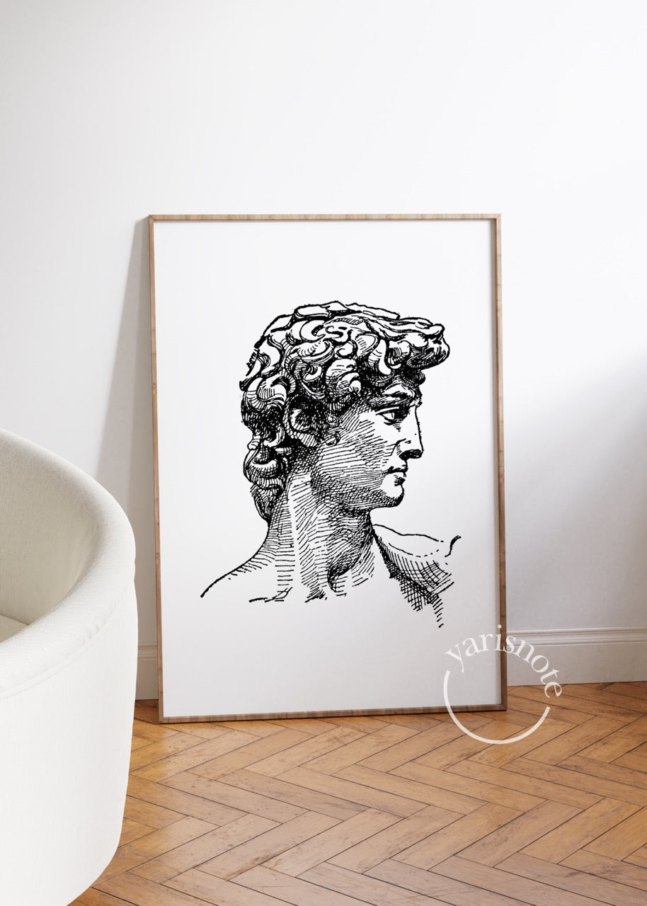 A stylish monochrome poster set featuring classic sculptures and typography for elegant home decor.