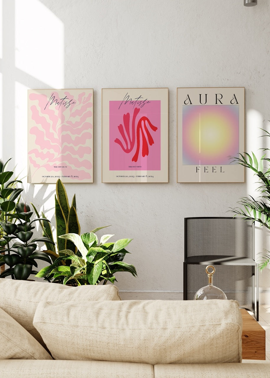 Trio of art prints featuring fluid shapes and soft hues for elegant interiors.