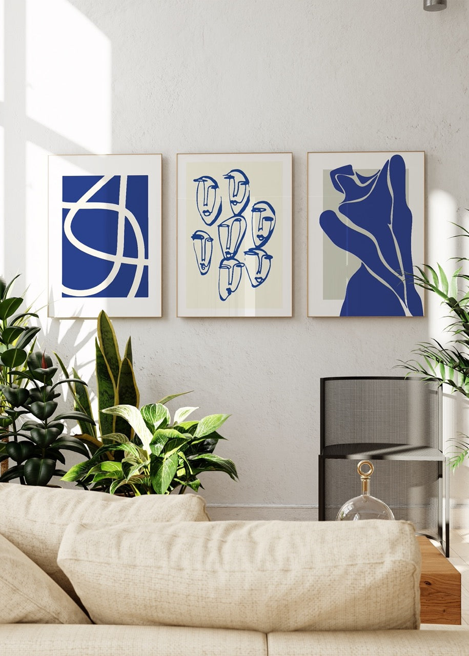 Luminous Blue Abstract Trio poster set showcasing striking blue designs.