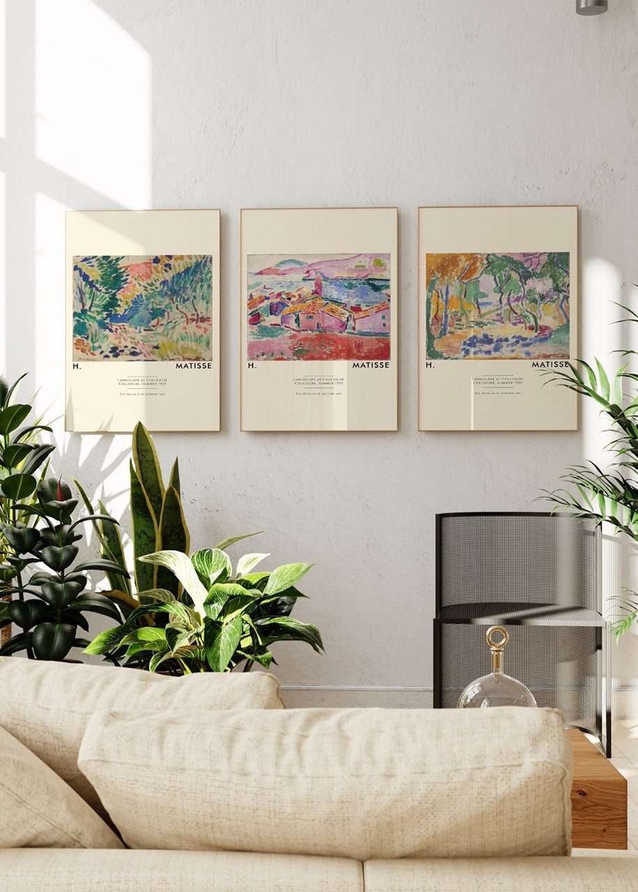 Trio of vibrant wall prints showcasing abstract art in a modern interior setting.