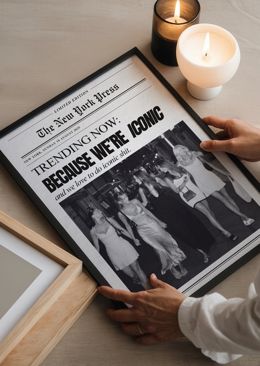 Trending Now: Iconic Moments wall art featuring a stylish group in black and white.