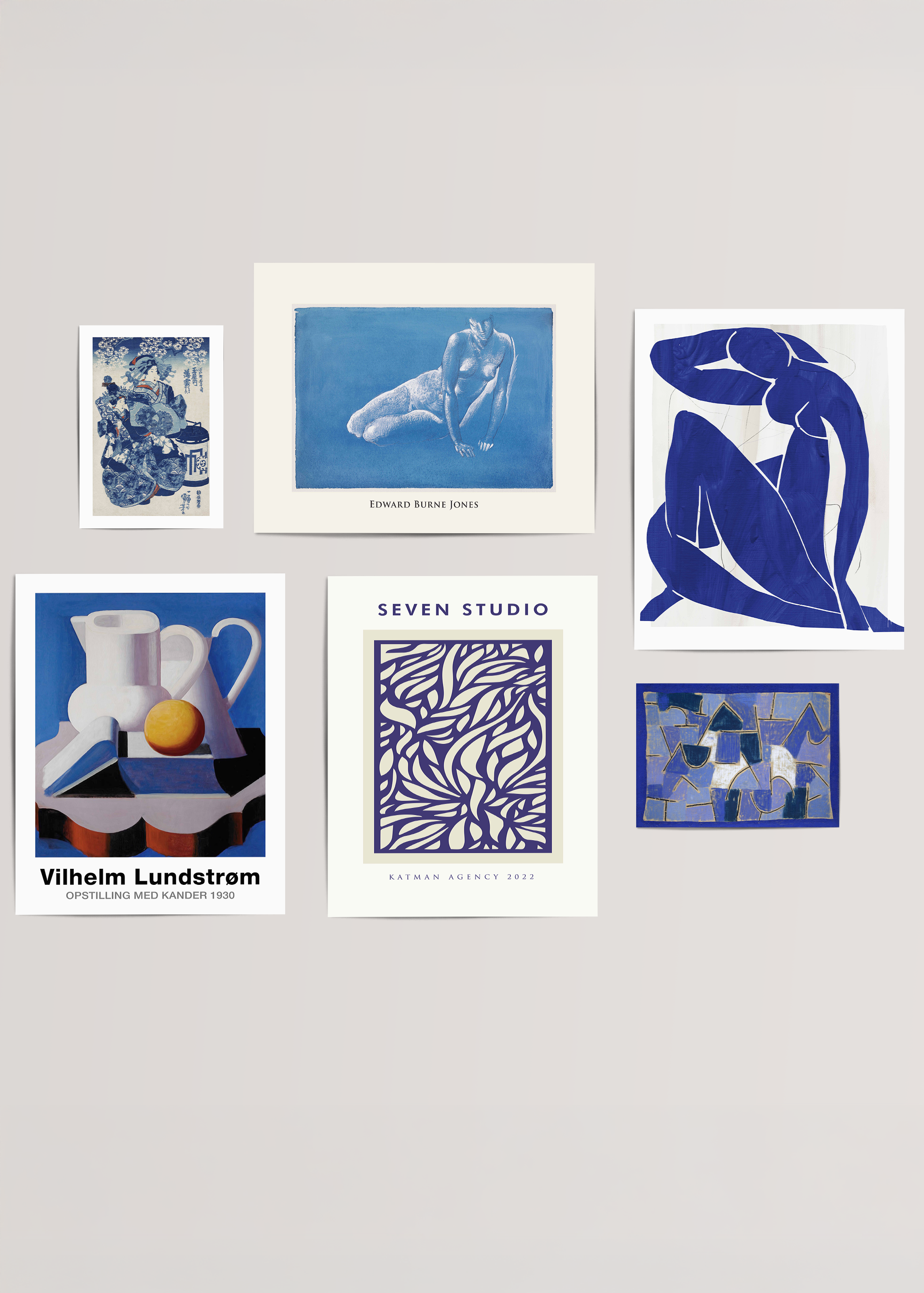 Tranquil Blues Gallery Wall Set featuring serene blue artworks.