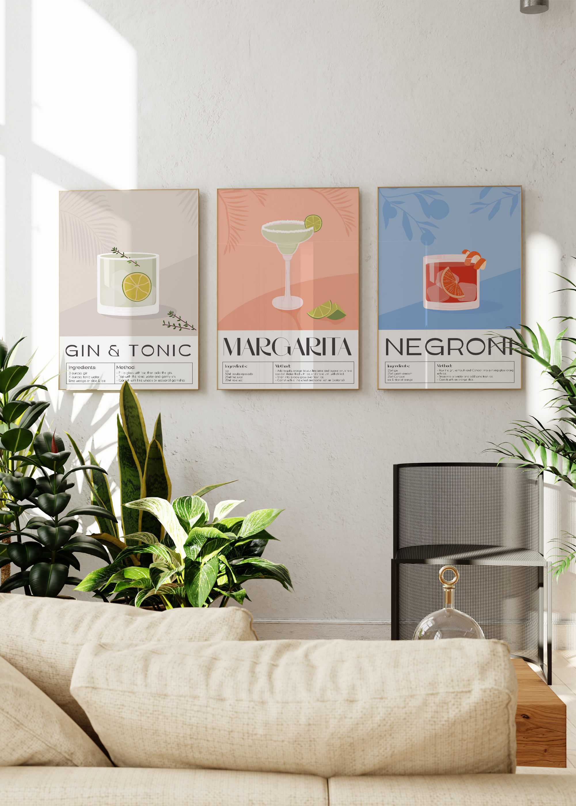 Cocktail illustration set featuring Gin & Tonic, Negroni, and Margarita in stylish designs.
