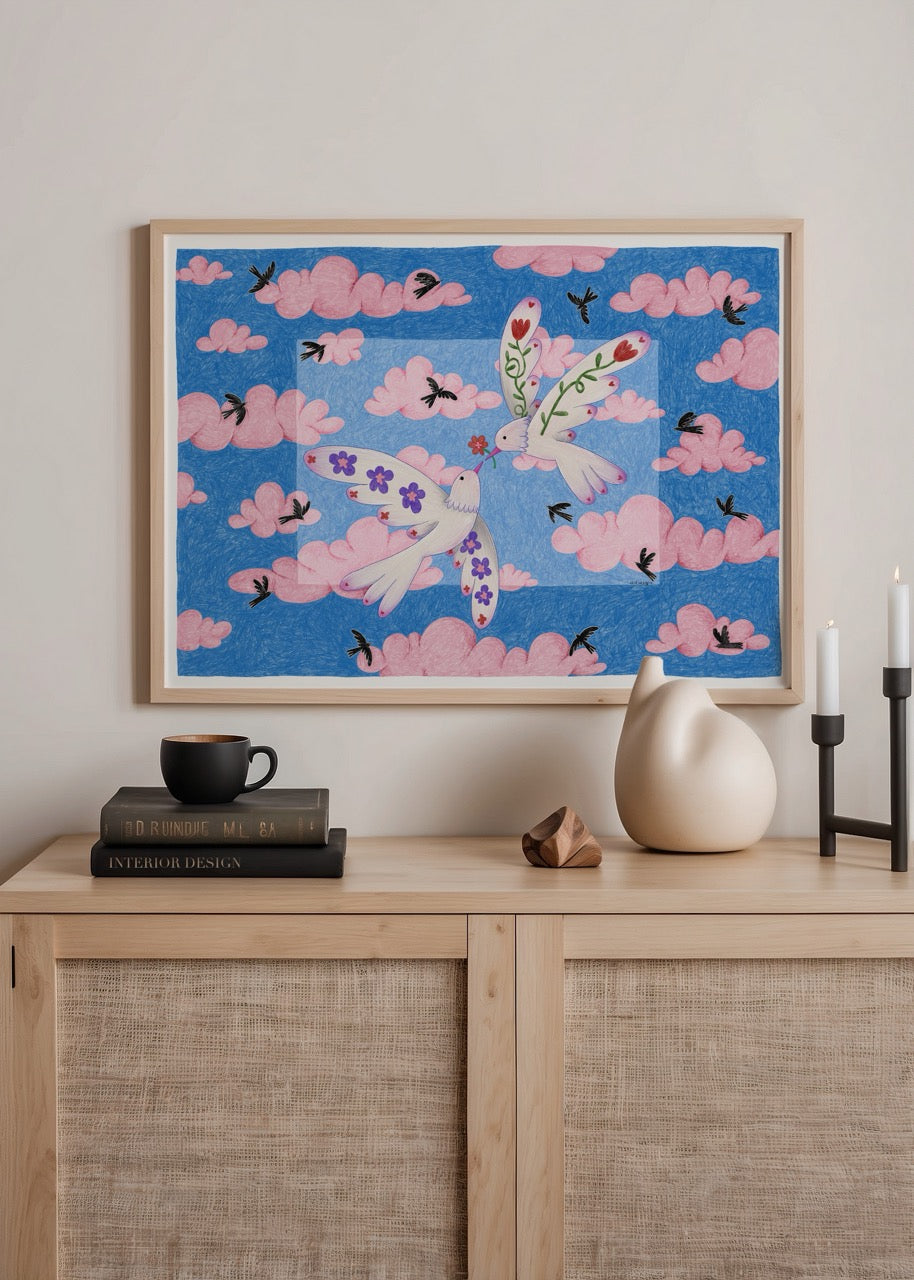 A vibrant illustrated poster print featuring birds and clouds in soft pink and blue tones.