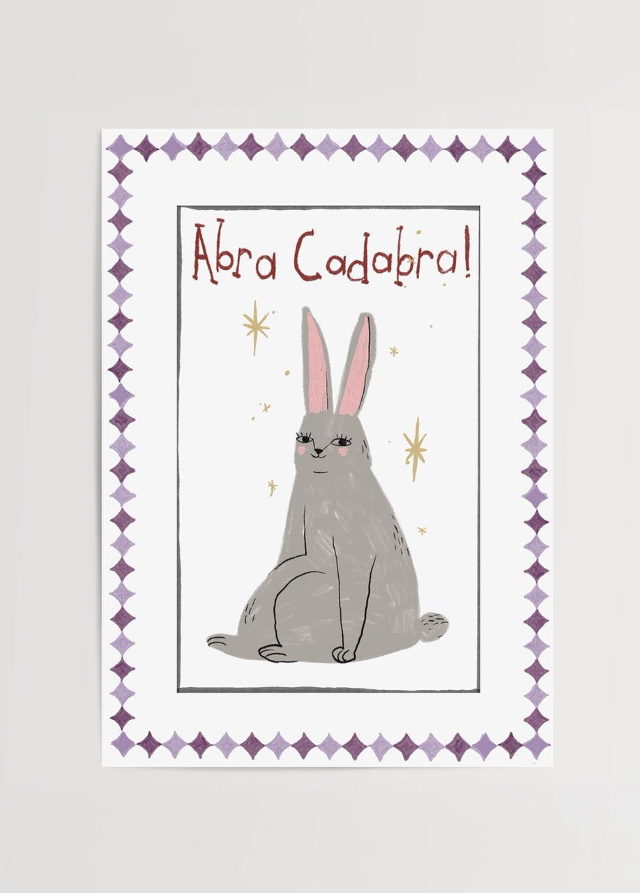 Charming grey rabbit illustration with whimsical text and decorative border.