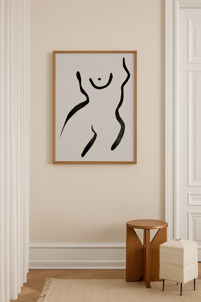 Elegant minimalist female silhouette wall art in black and white.