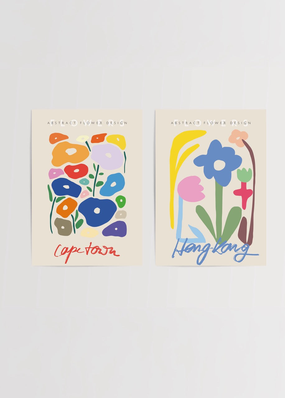 Vibrant abstract floral posters representing Cape Town and Hong Kong.
