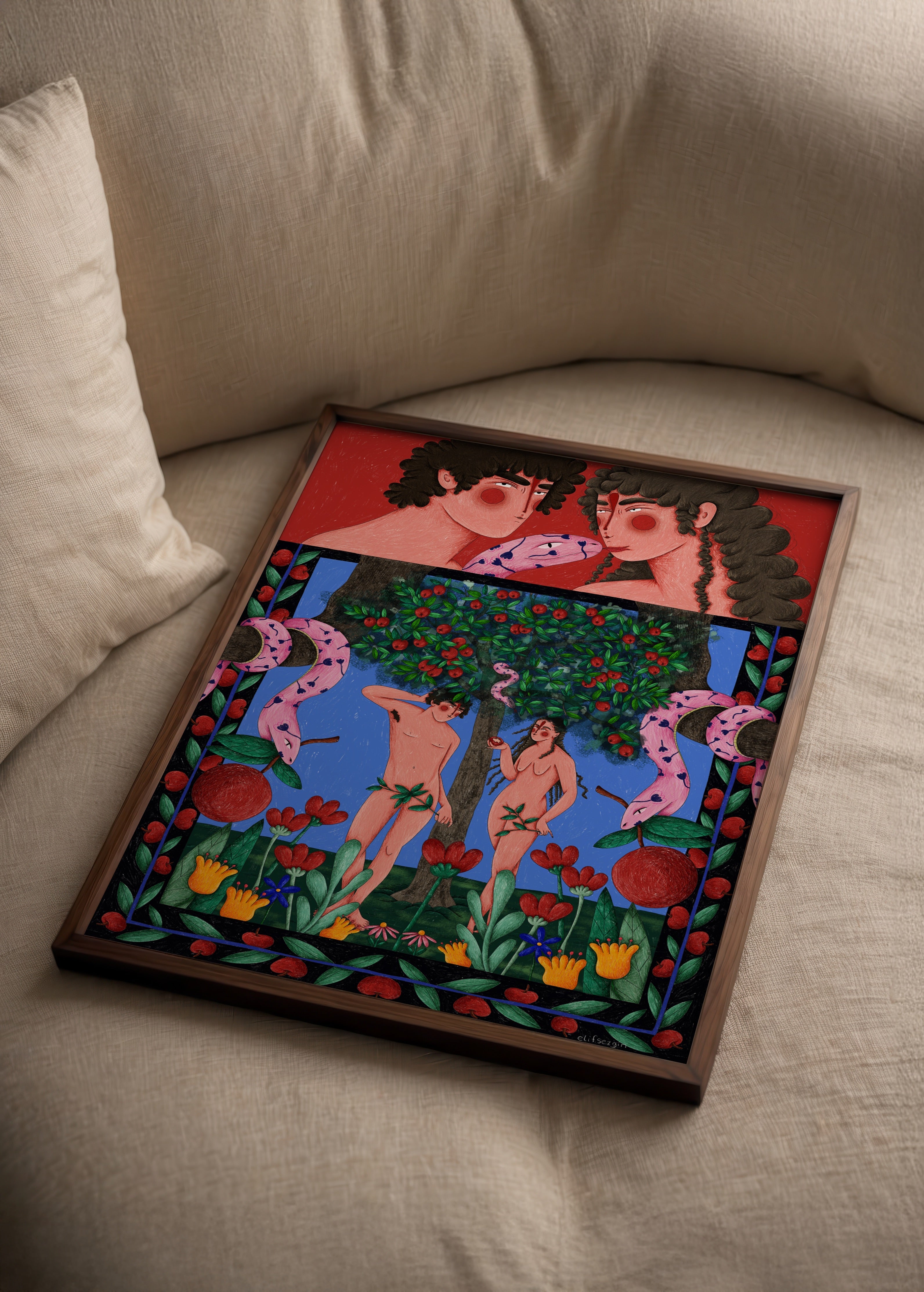 Vibrant Adam and Eve artwork featuring bold colours and mythical themes.