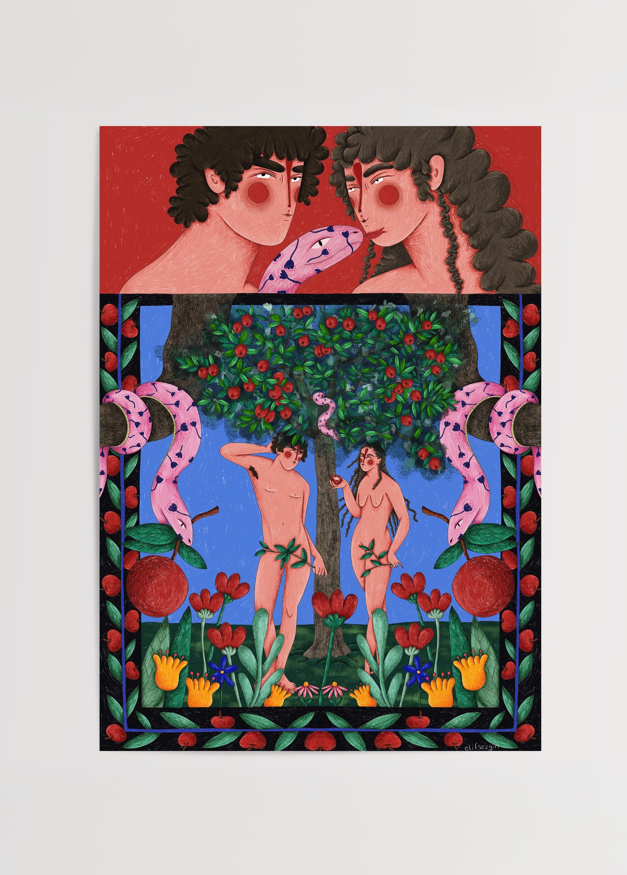 Vibrant Adam and Eve artwork featuring bold colours and mythical themes.