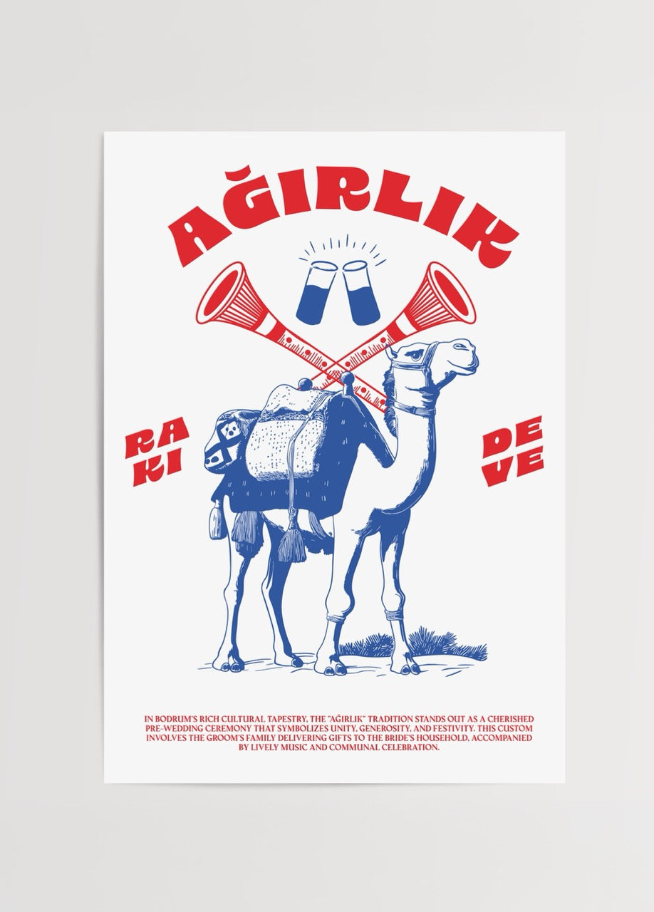 Vibrant poster print featuring a camel and traditional motifs celebrating Bodrum culture.