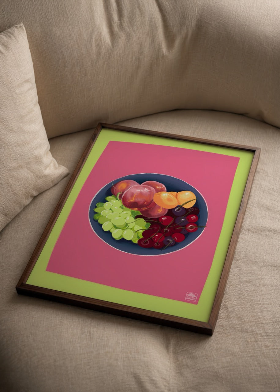 Vibrant Flaming Fruit Platter Poster featuring an array of fruits.
