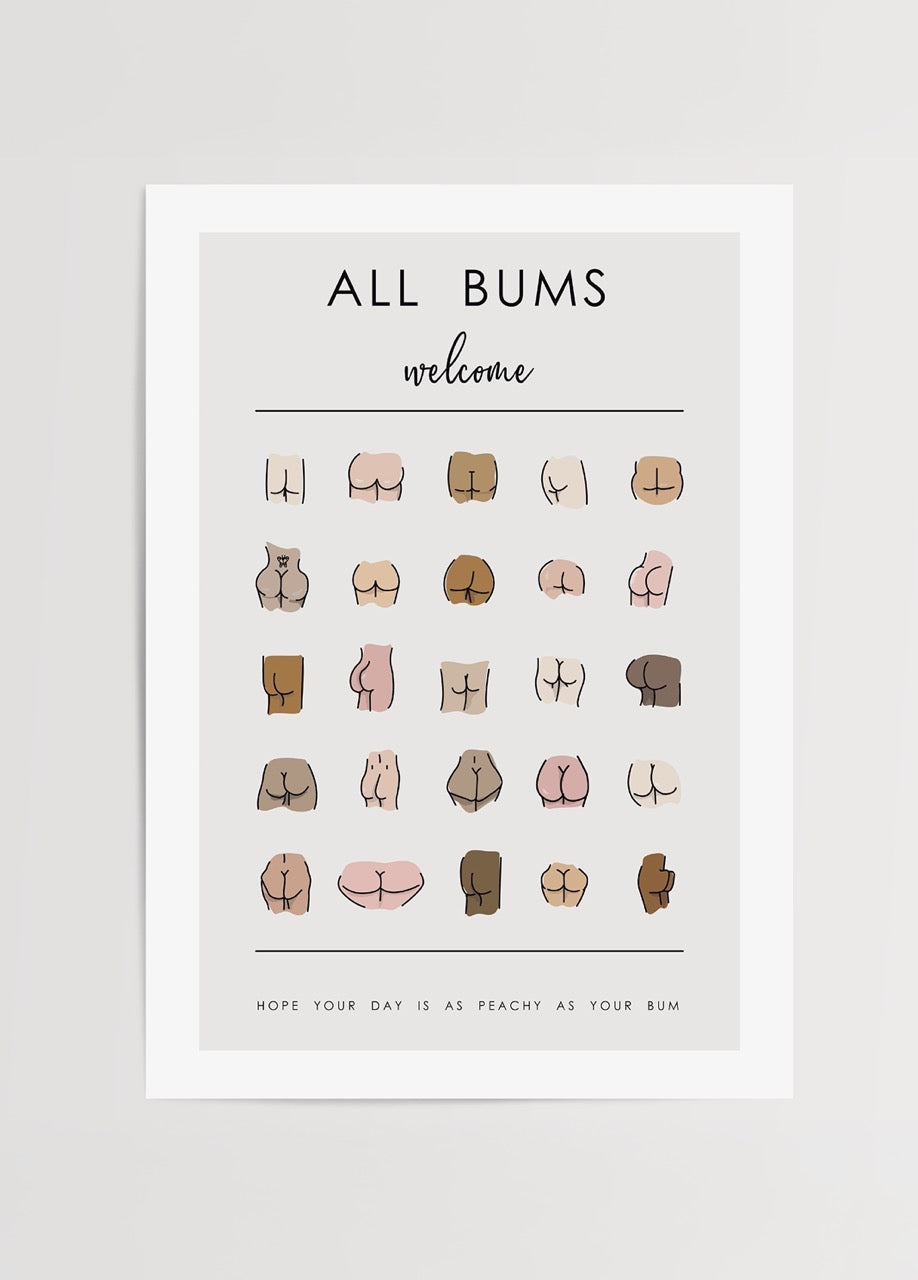 Humorous wall art featuring a variety of bum illustrations celebrating body diversity.