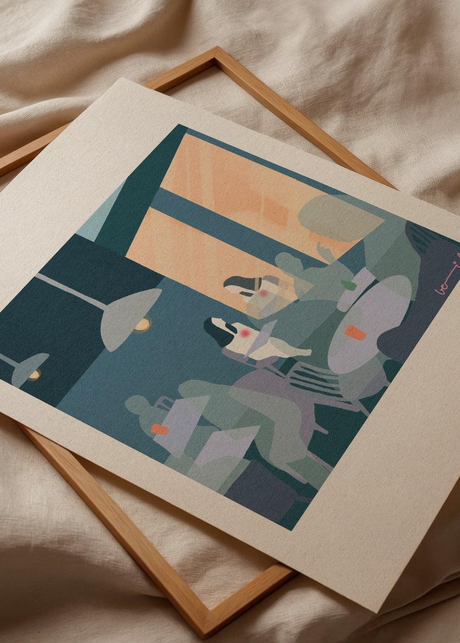 ‘Alone But Not Lonely’ Poster Print depicting serene café scene.