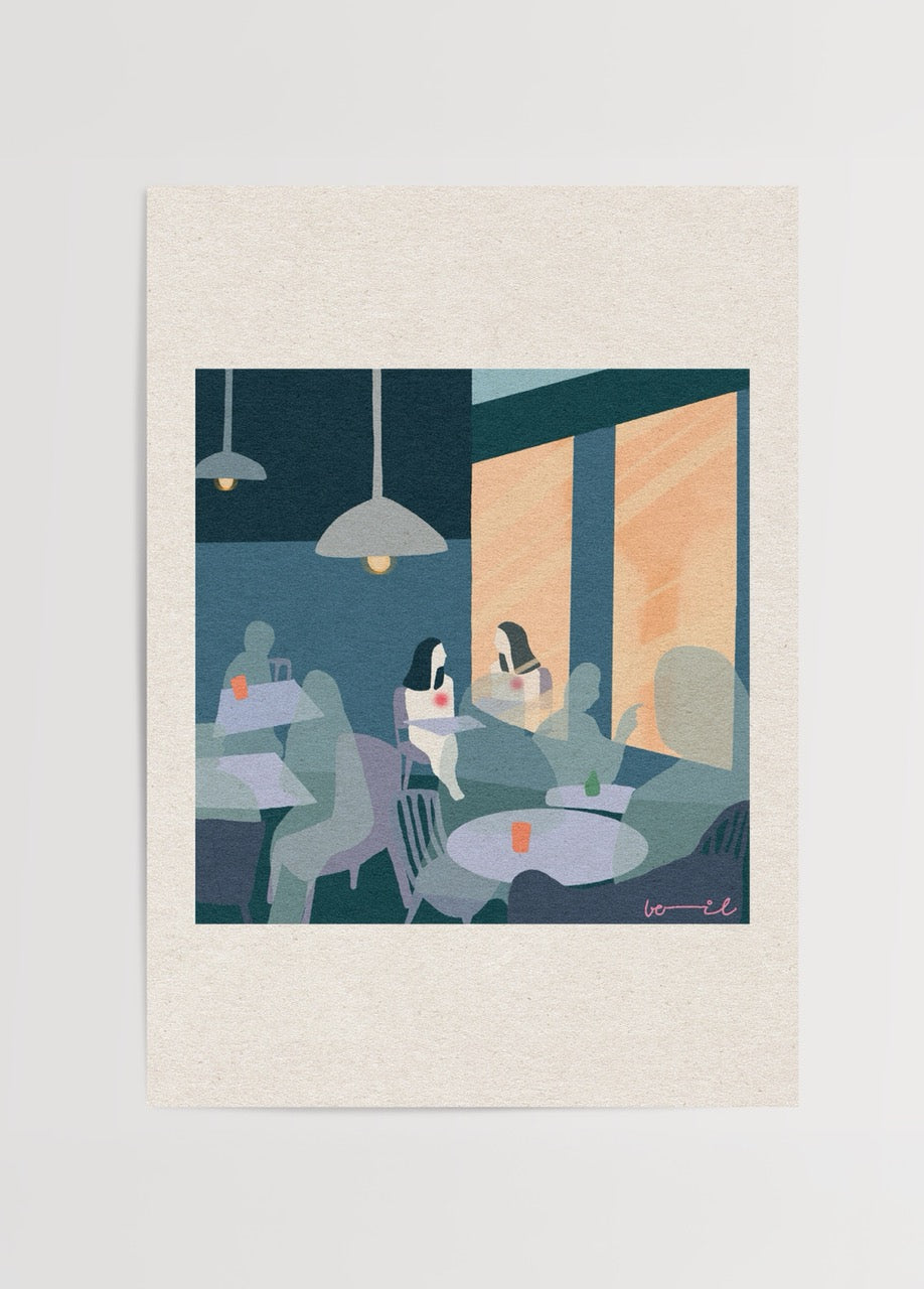‘Alone But Not Lonely’ Poster Print depicting serene café scene.