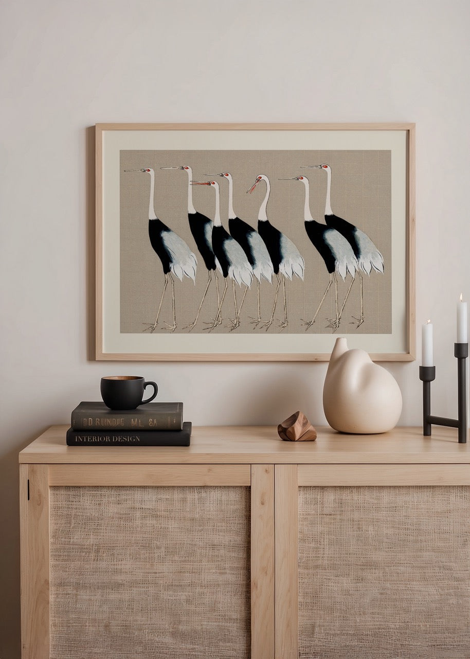 Elegant illustration of cranes on a subtle beige background