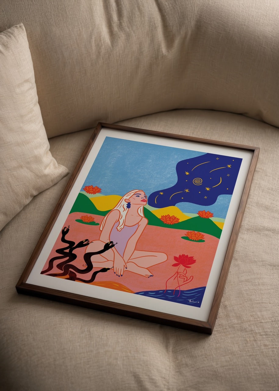 Vibrant Amor Fati poster print featuring a woman in nature.