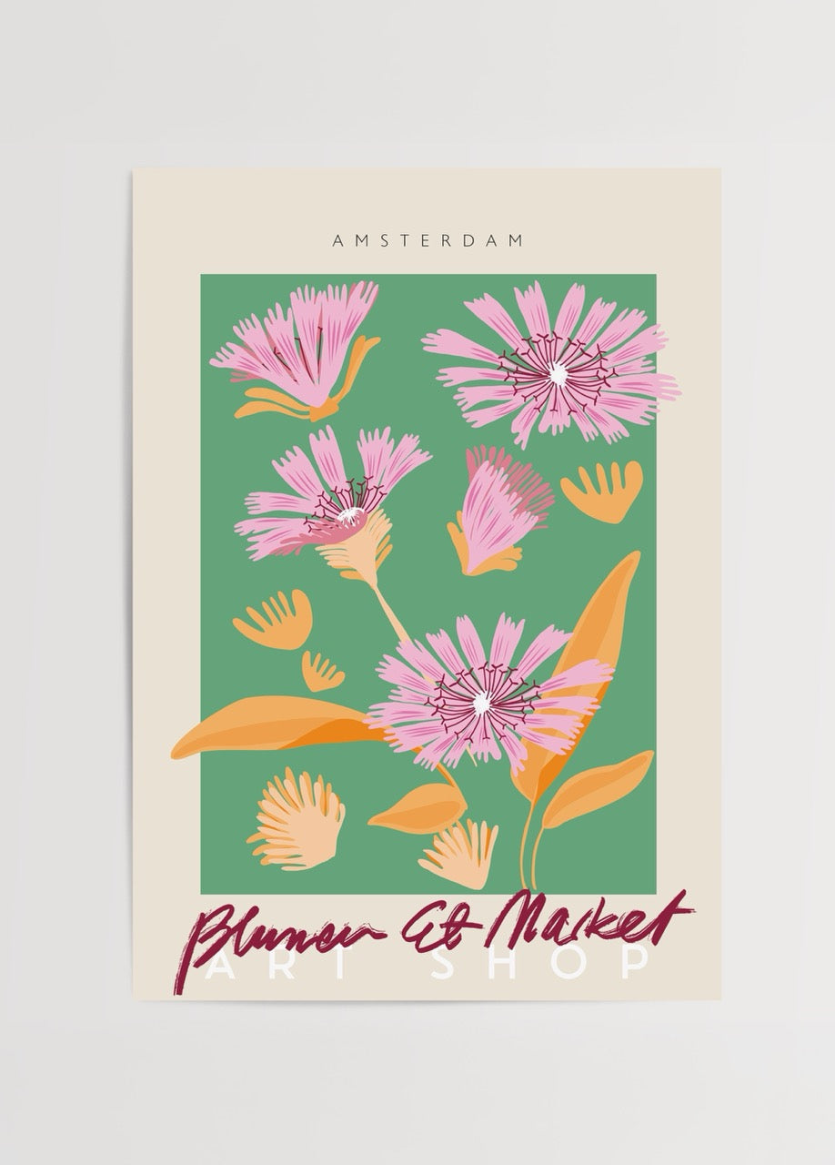 Vibrant floral illustration featuring pink flowers on a green background, perfect for wall art.