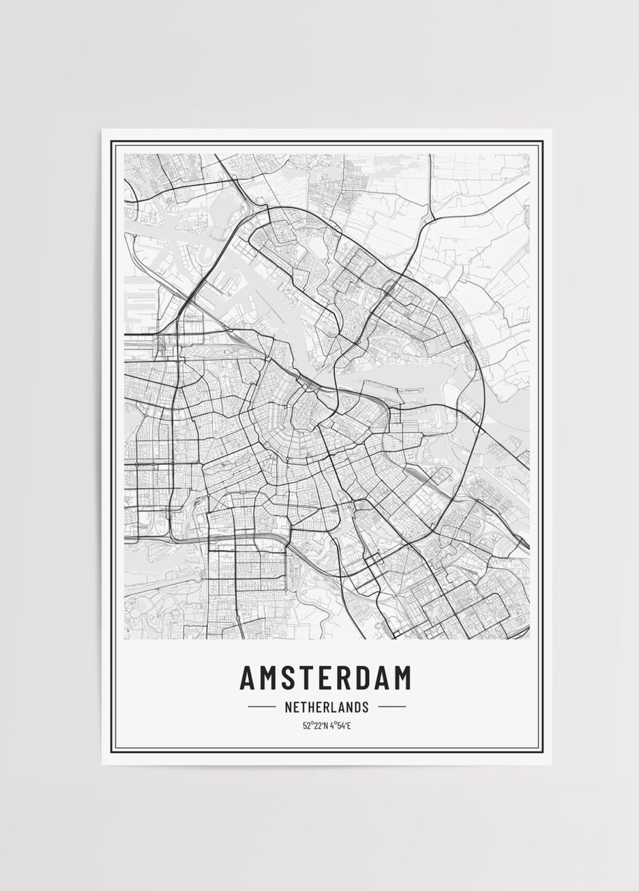 Minimalist black and white city map of Amsterdam, showcasing its unique layout.