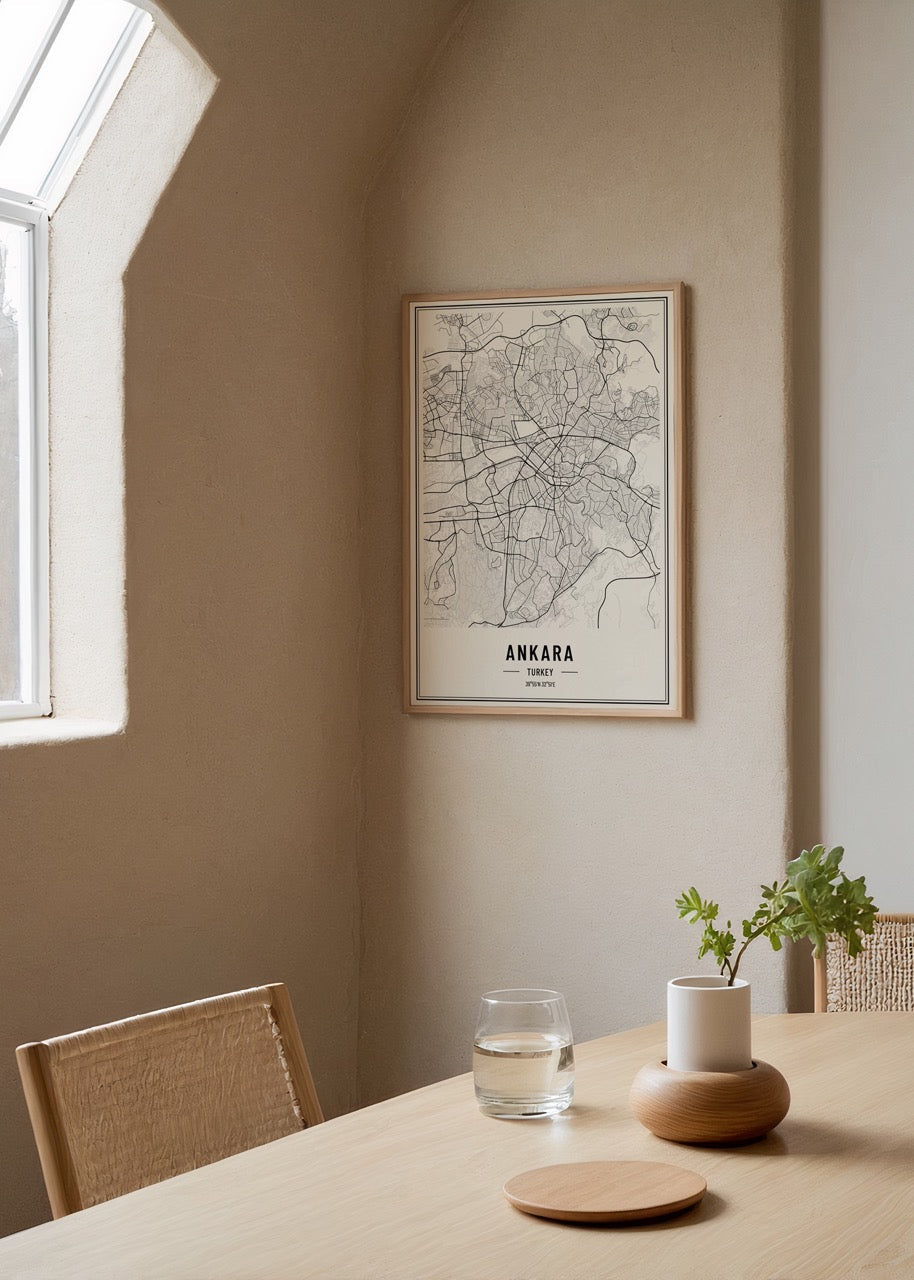 Minimalist black and white Ankara city map art print.