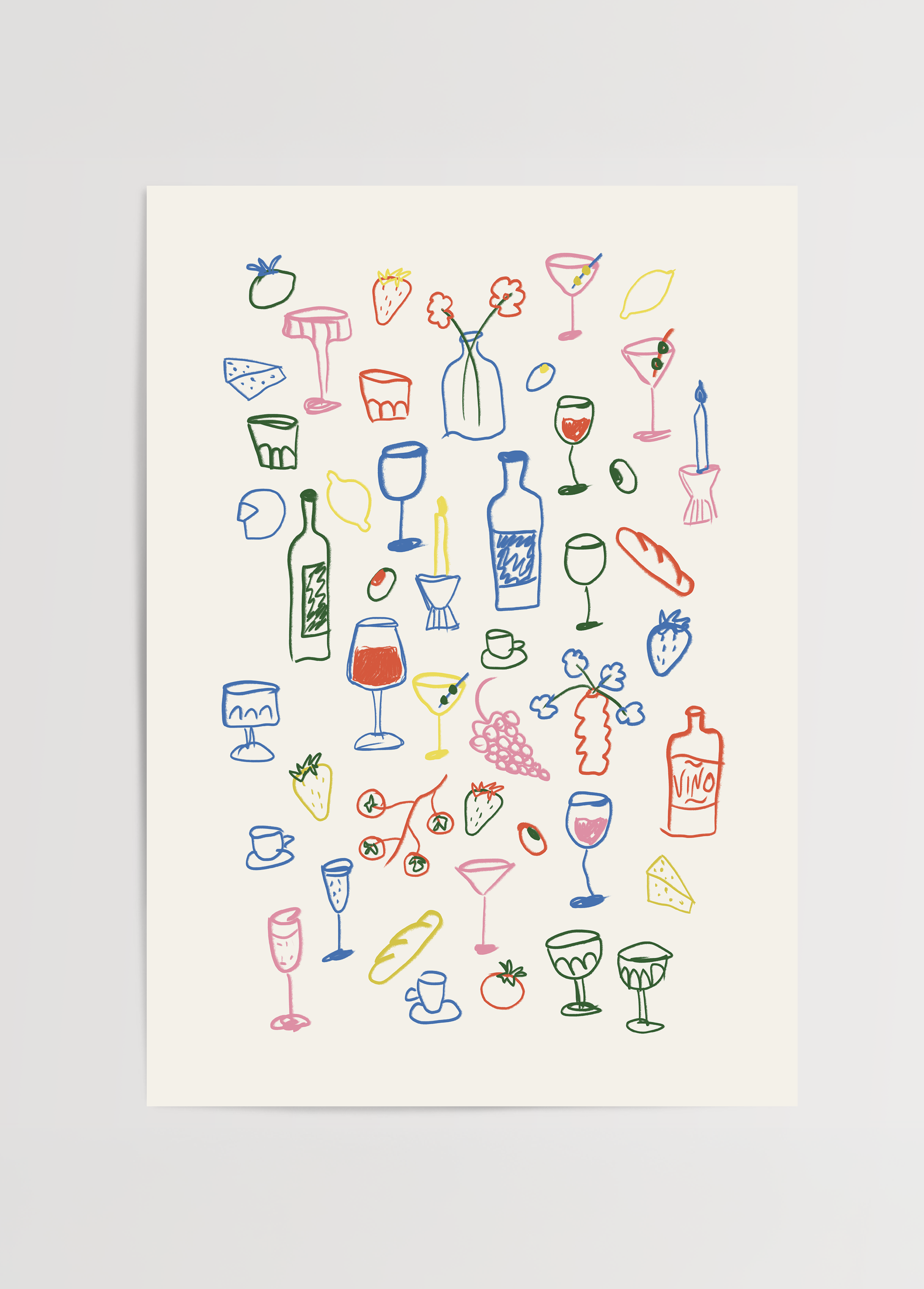 Colourful Italian aperitif-themed illustration poster featuring drinks and food items.