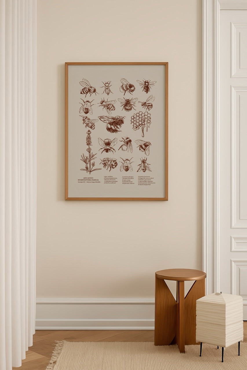 Detailed illustration of various bee species on a beige background.