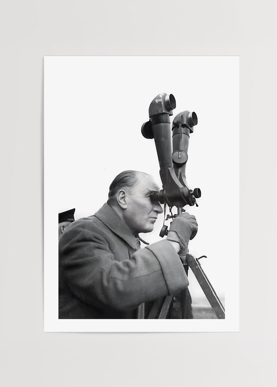 A thoughtful figure gazing through a telescope, capturing a moment of vision.