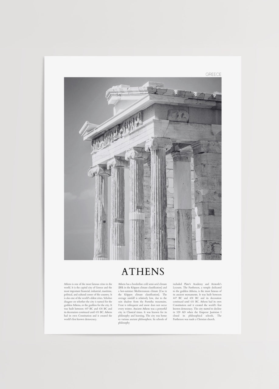 Black and white poster of iconic Athens architecture.