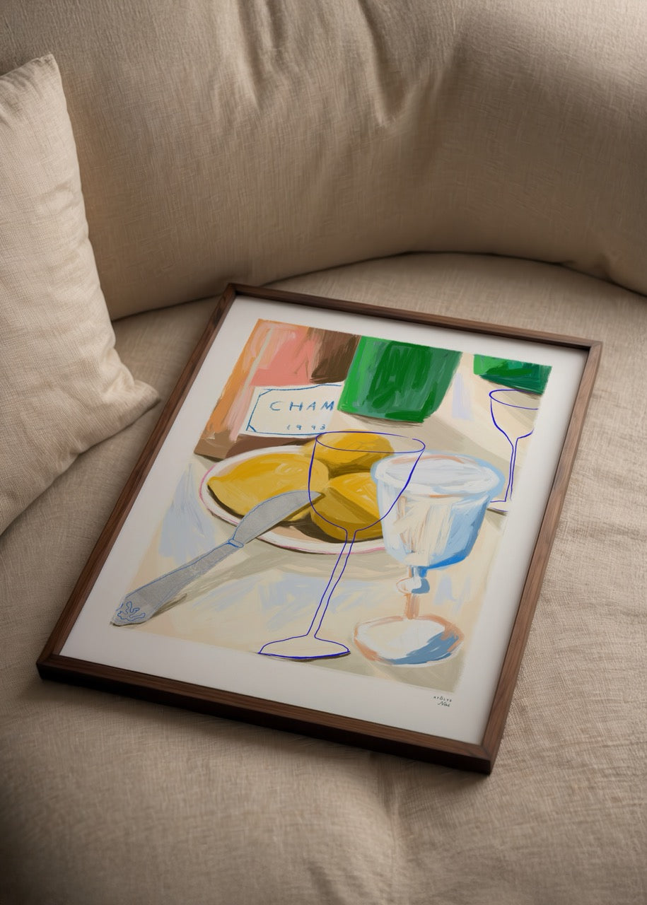 A vibrant lemon poster featuring fresh lemons and elegant glassware.