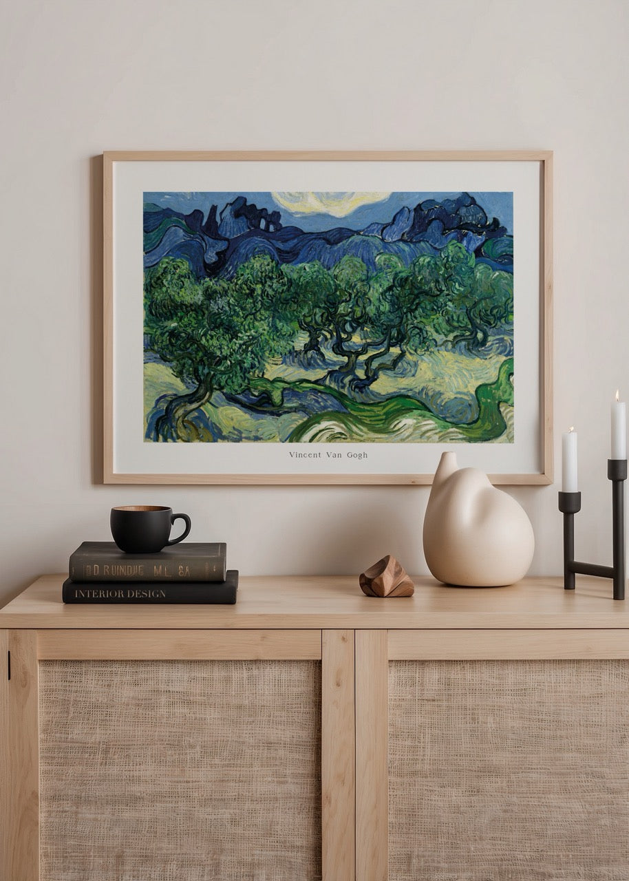 A serene olive grove artwork featuring soothing greens and blues, perfect for wall decor.