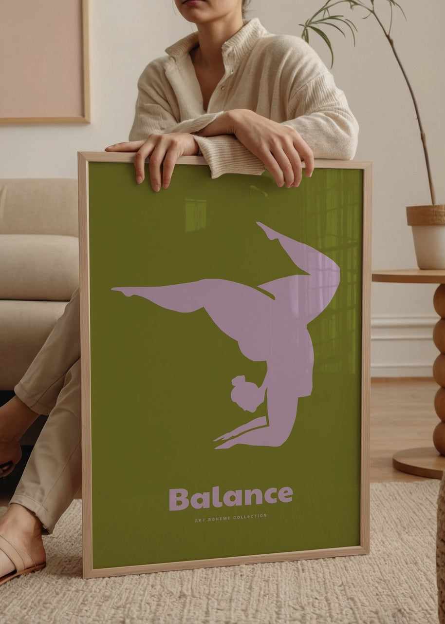 Elegant art print showcasing a figure in a balance pose on a green background.