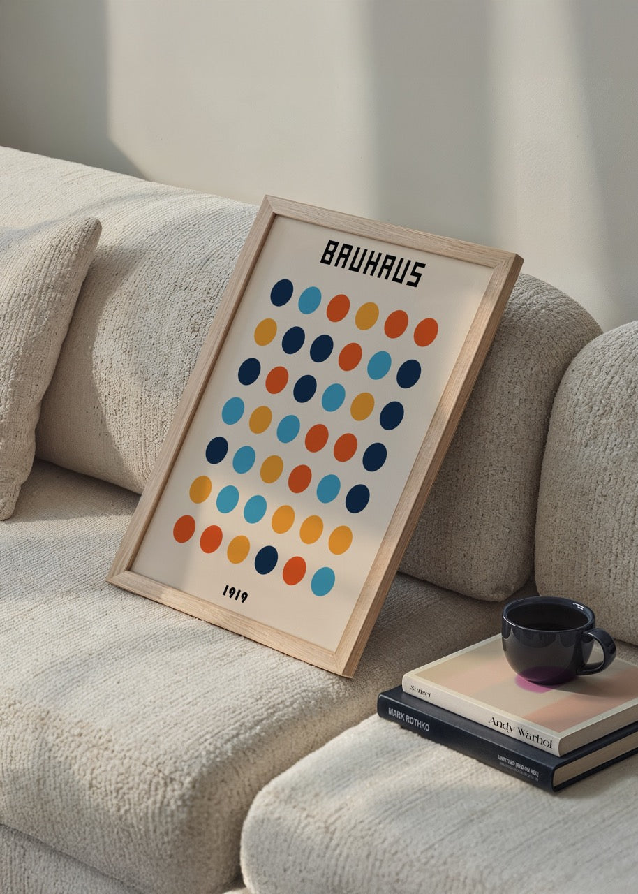 Geometric Bauhaus dot art print featuring colourful dots on a beige background.