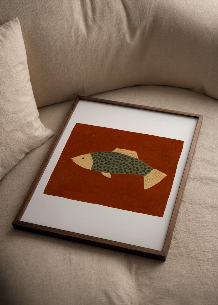 Artistic illustration of a spotted fish on an earthy background.
