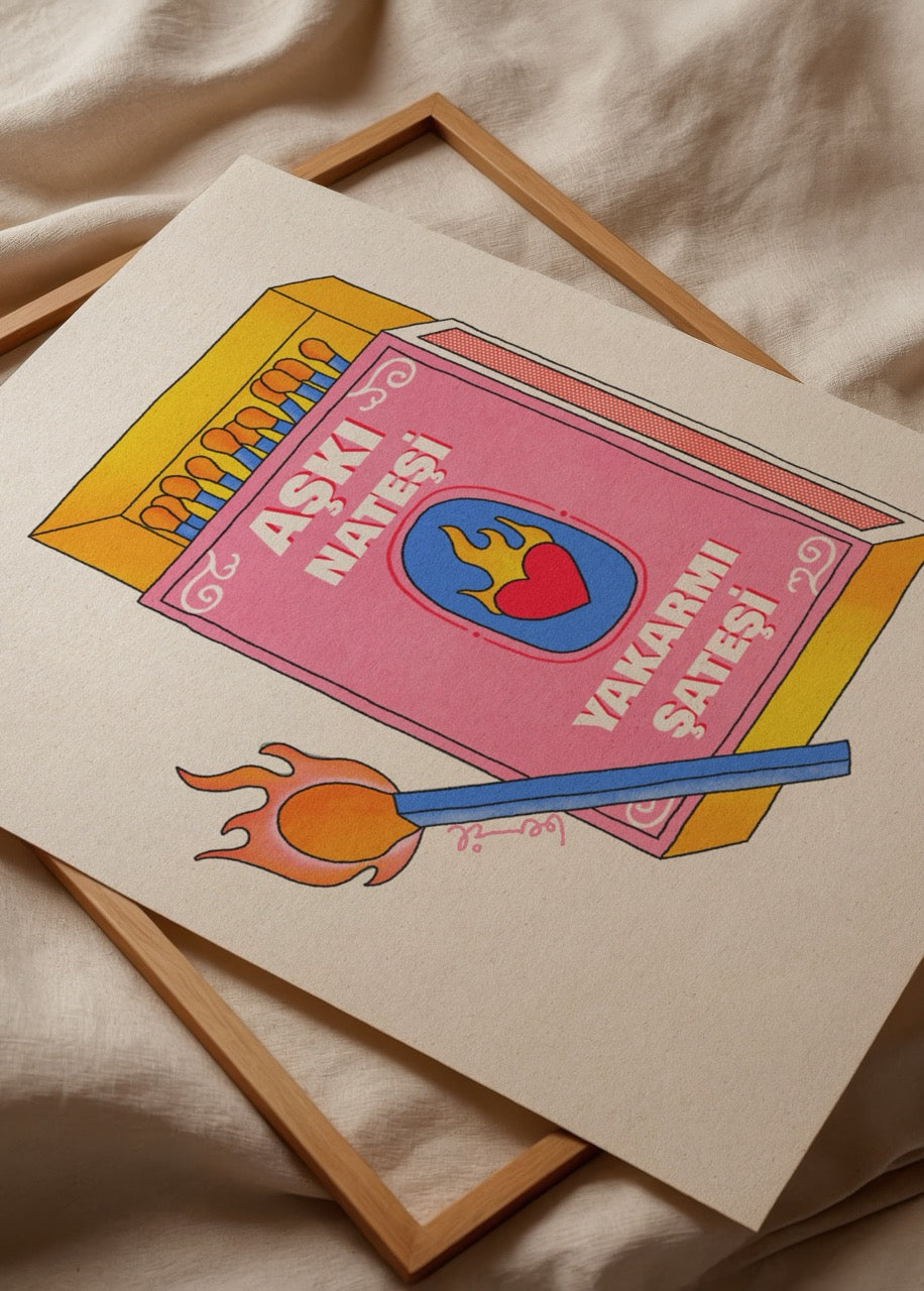 Vibrant poster print featuring a matchbox with a heart and flames, symbolizing love.