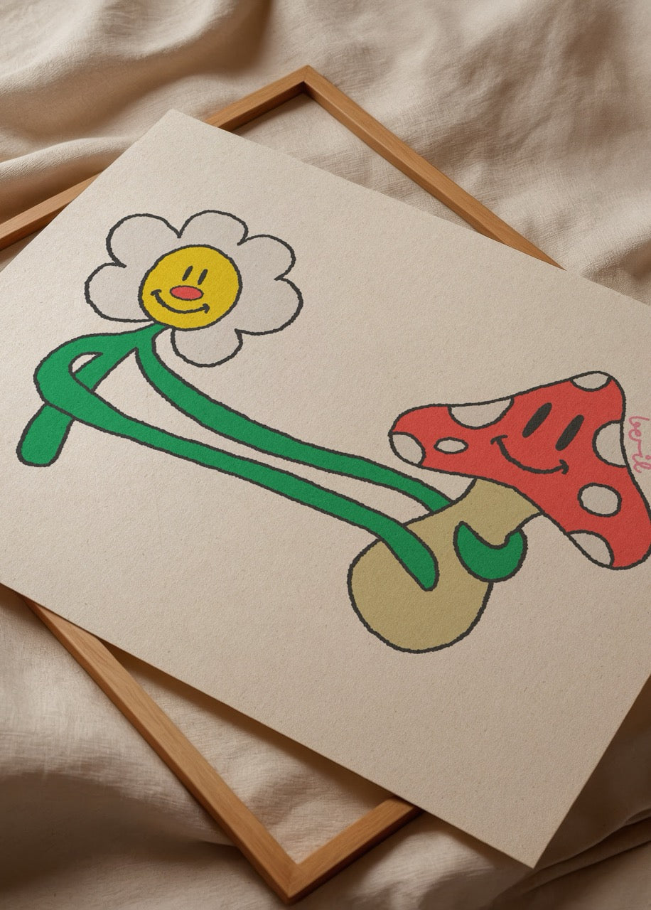 A whimsical illustration featuring a smiling flower and mushroom on a textured background.