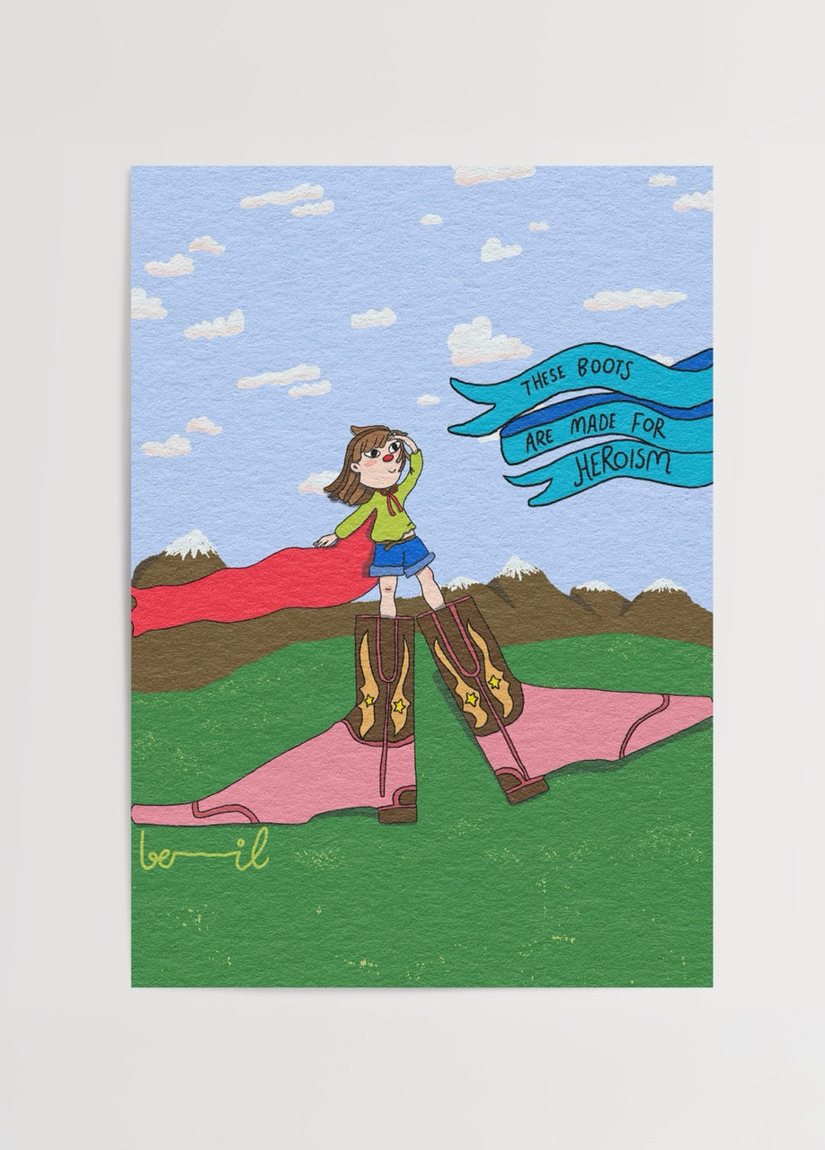 A whimsical poster featuring oversized boots and a playful character standing on a colourful landscape.