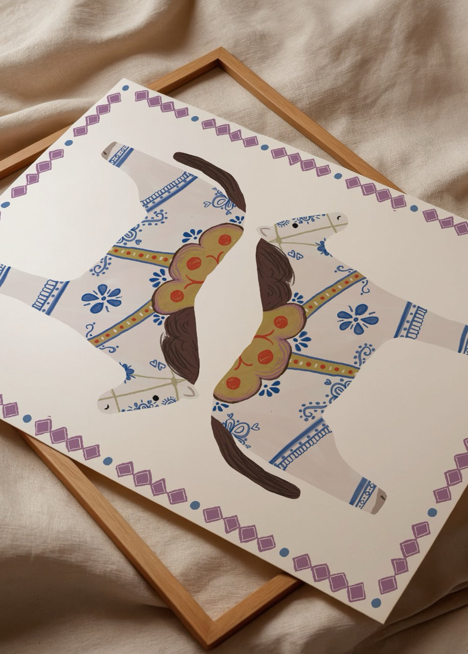 A whimsical white carousel horse print featuring colourful detailing and a playful design.
