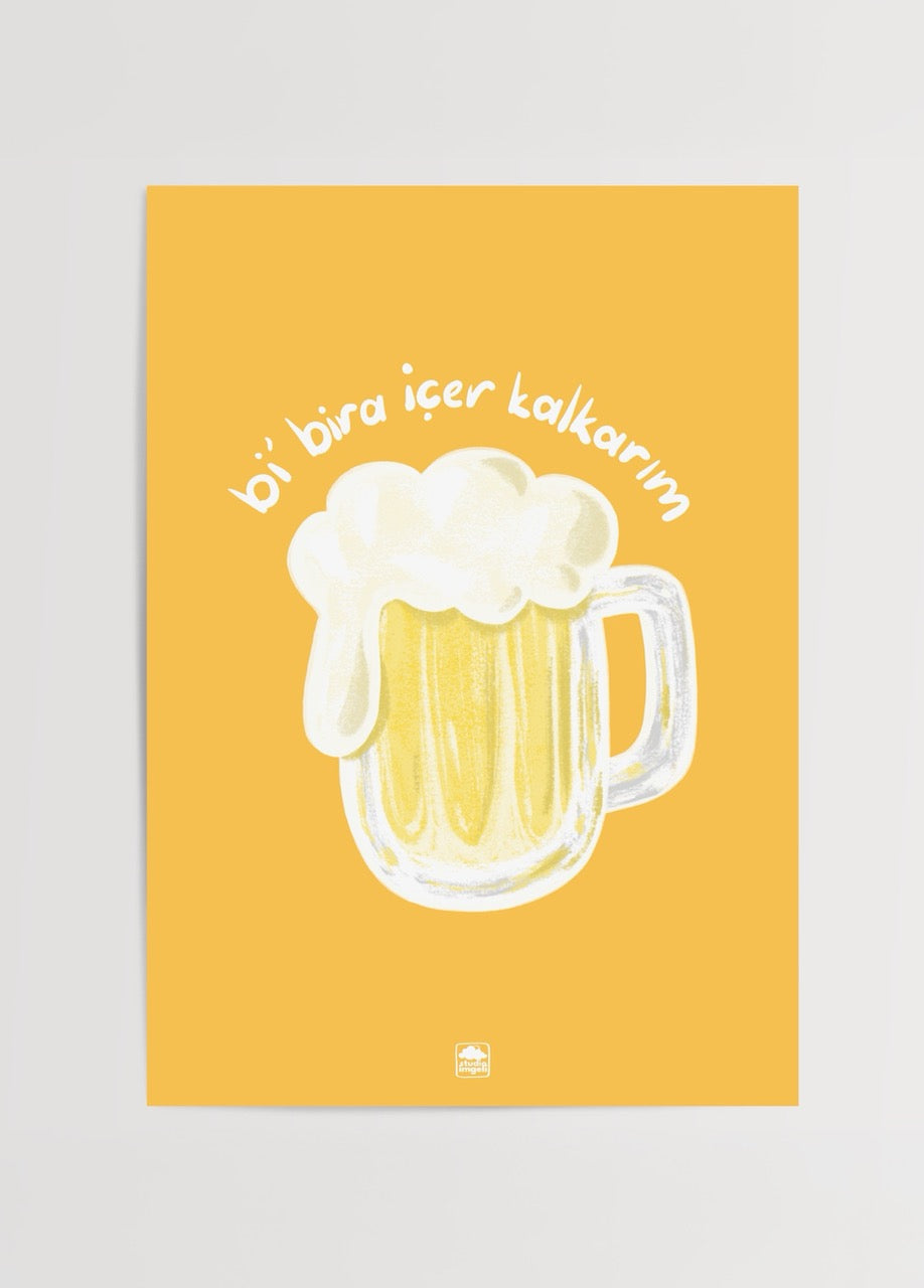 A vibrant illustration of a beer mug with foam on a yellow background.