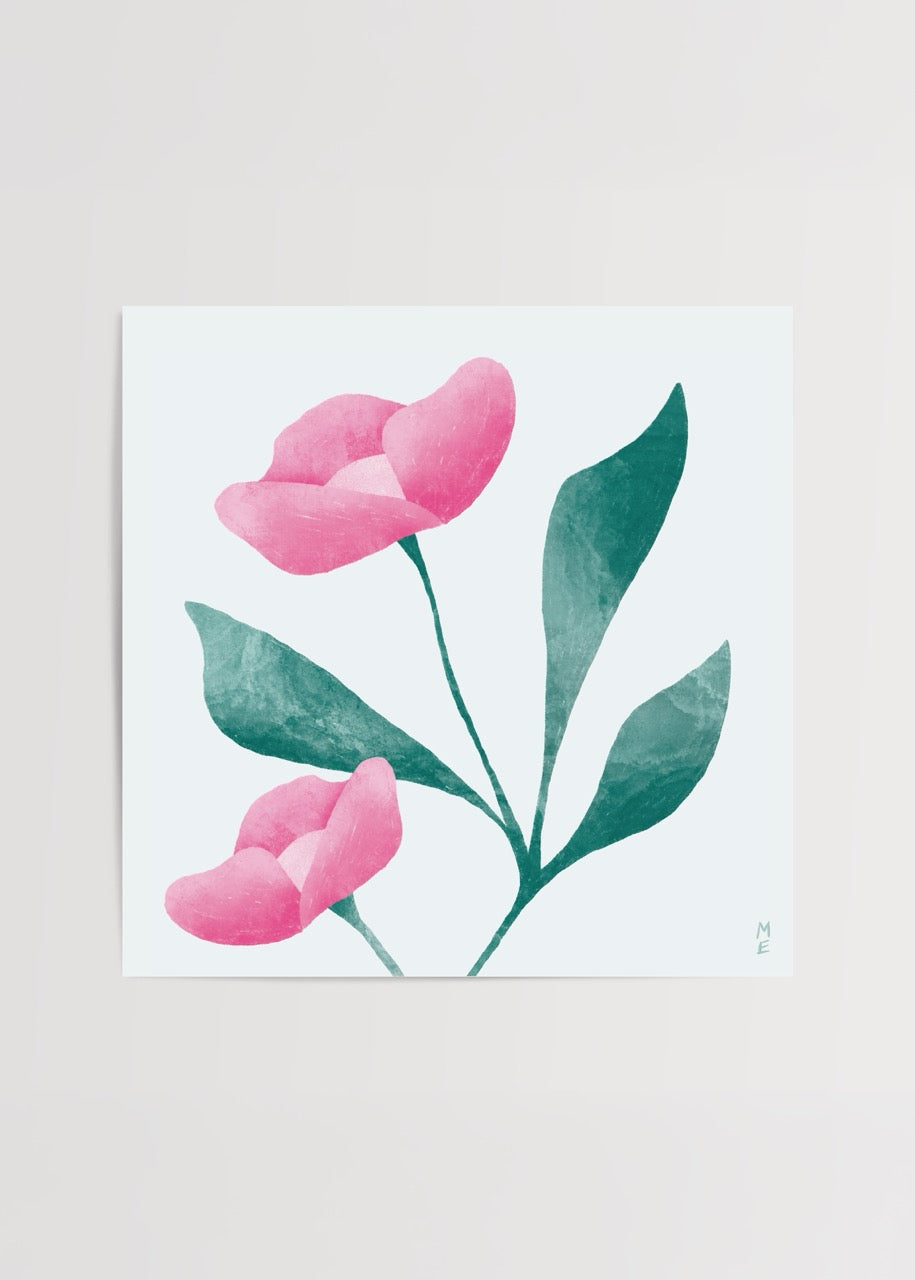 A vibrant floral poster print featuring pink blossoms and green leaves