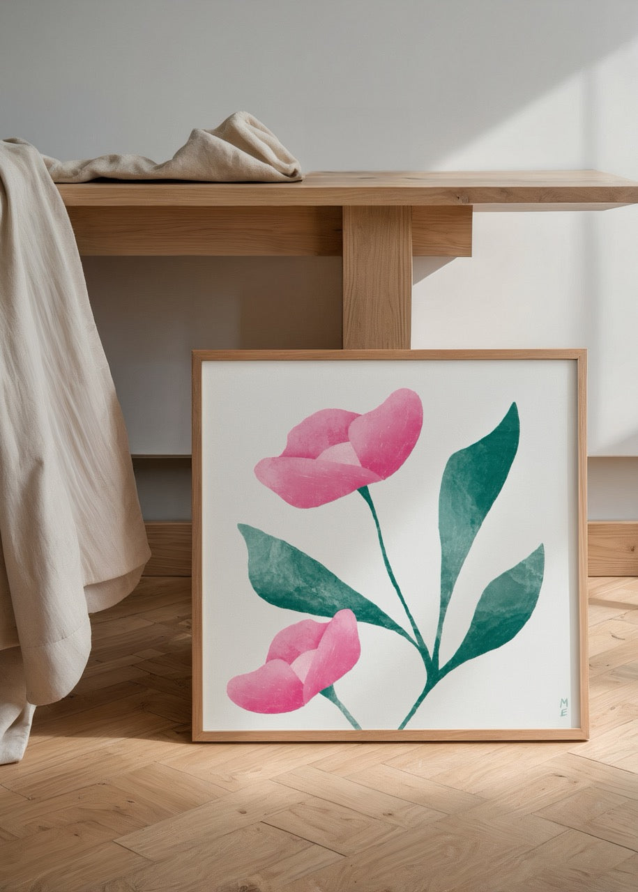A vibrant floral poster print featuring pink blossoms and green leaves