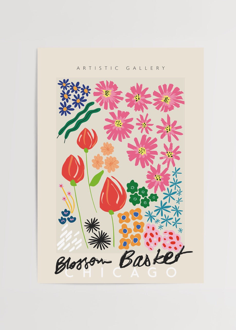 Vibrant floral artwork featuring a variety of flowers in bright colours, ideal for interior styling.