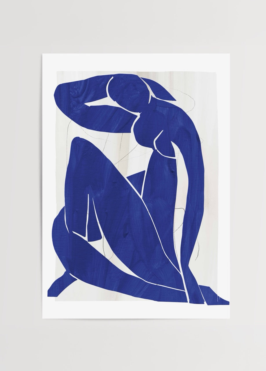 Serene blue abstract figure art print showcasing elegant minimalist lines.