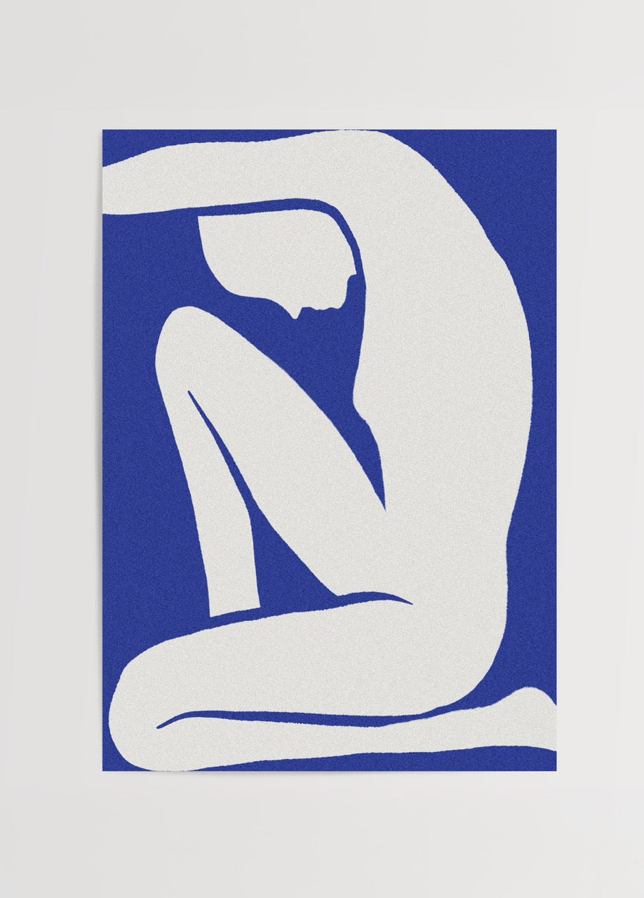 A striking blue silhouette of a figure in a relaxed pose.