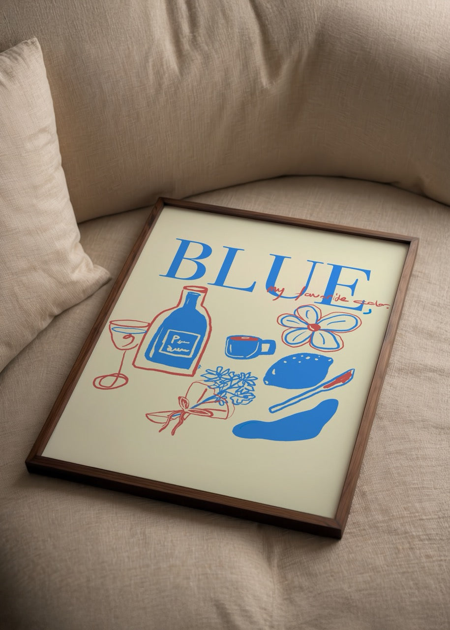 A vibrant blue poster print featuring playful illustrations and text.