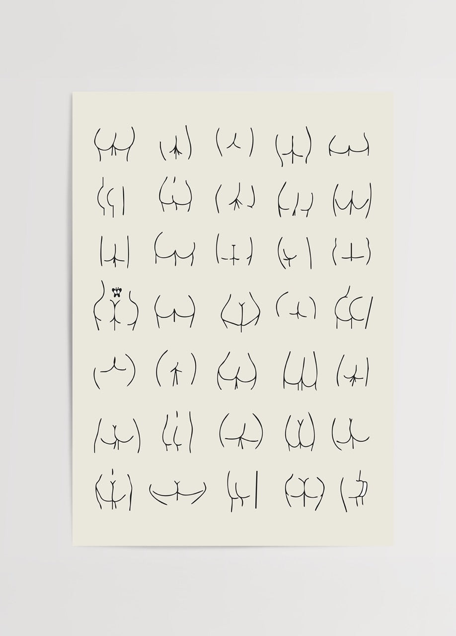 Minimalist line drawings of abstract human body forms.