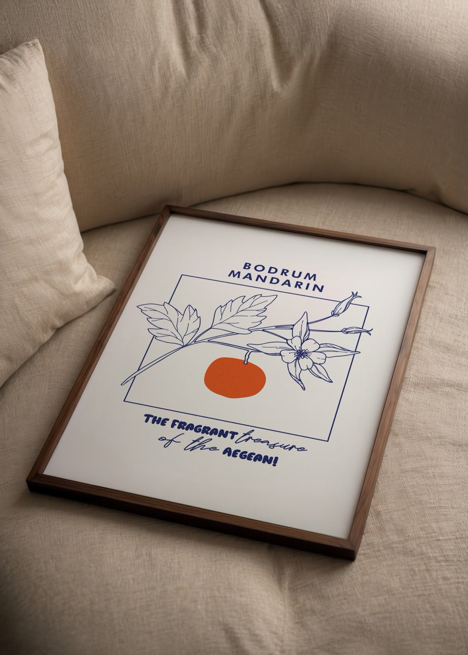 Bodrum Mandarin Poster featuring floral and fruit illustrations.